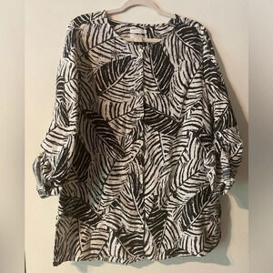 Cynthia Rowley 100% Linen Black White Palm Leaf Button Front Tunic Top Size 1X